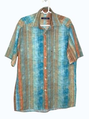 King’s Road Short Sleeve Button Up Shirt Mens M Blue Brown Striped Casual